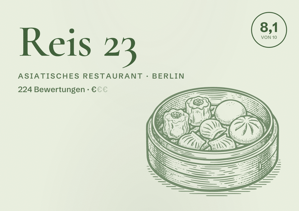 Illustriertes Poster von Reis 23, Asiatisches Restaurant in Berlin: Bewertung 8,1 von 10 aus 224 Bewertungen, Preisniveau €