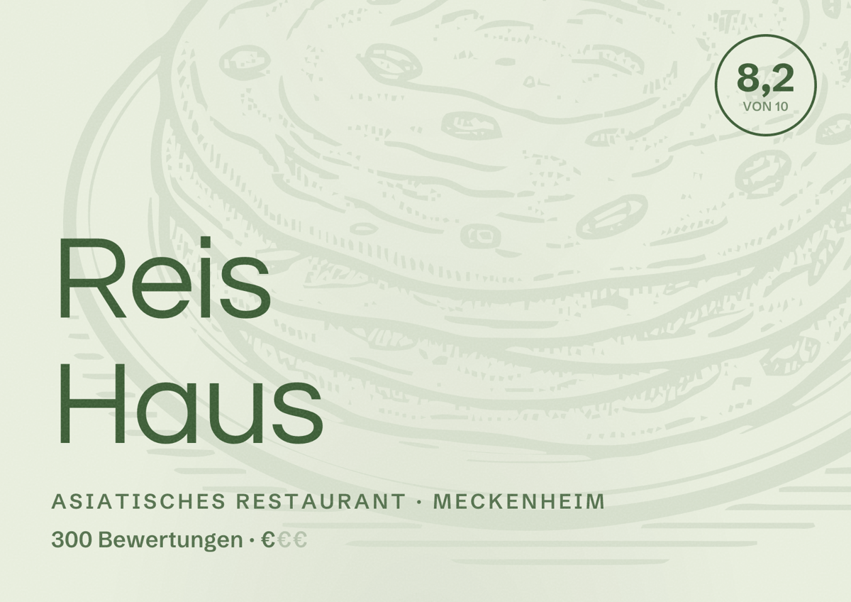 Illustriertes Poster von Reis Haus, Asiatisches Restaurant in Meckenheim: Bewertung 8,2 von 10 aus 300 Bewertungen, Preisniveau €