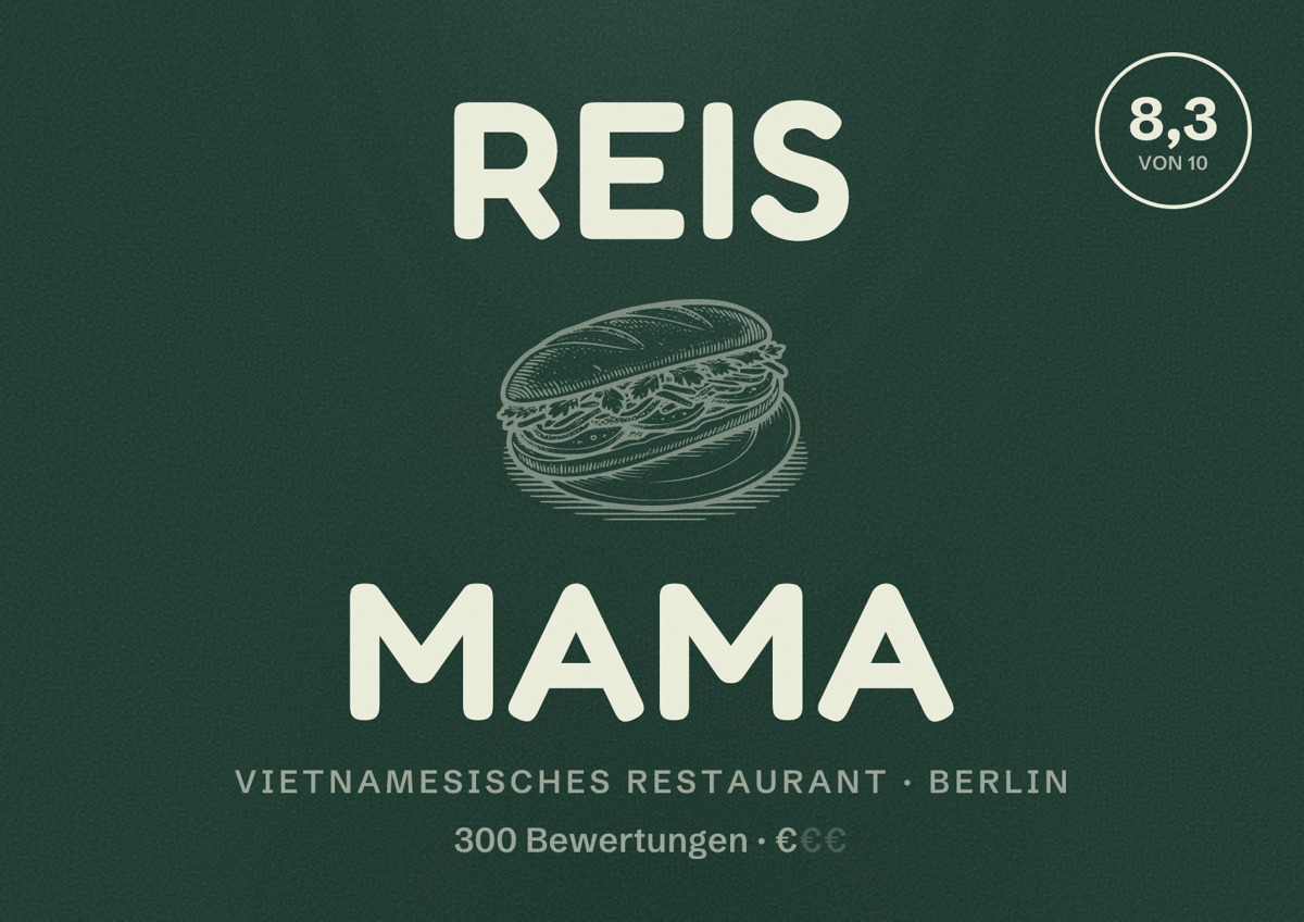 Illustriertes Poster von Reis Mama, Vietnamesisches Restaurant in Berlin: Bewertung 8,3 von 10 aus 300 Bewertungen, Preisniveau €