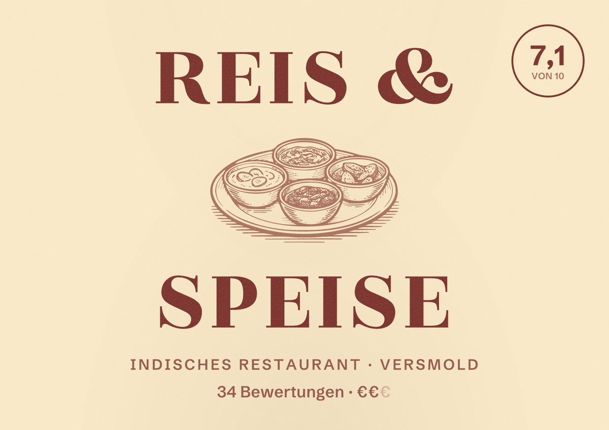 Illustriertes Poster von Reis & Speise, Indisches Restaurant in Versmold: Bewertung 7,1 von 10 aus 34 Bewertungen, Preisniveau €€