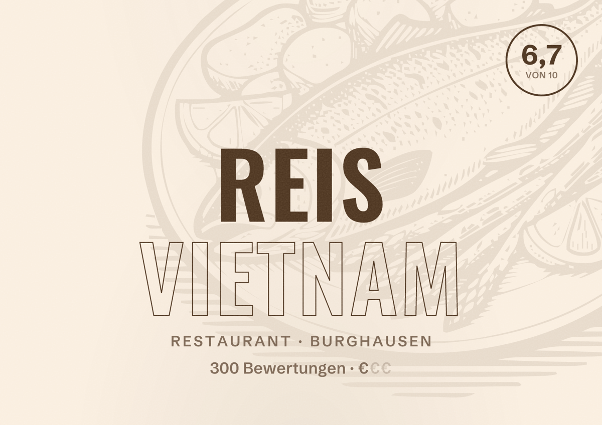Illustriertes Poster von Reis Vietnam, Restaurant in Burghausen: Bewertung 6,7 von 10 aus 300 Bewertungen, Preisniveau €