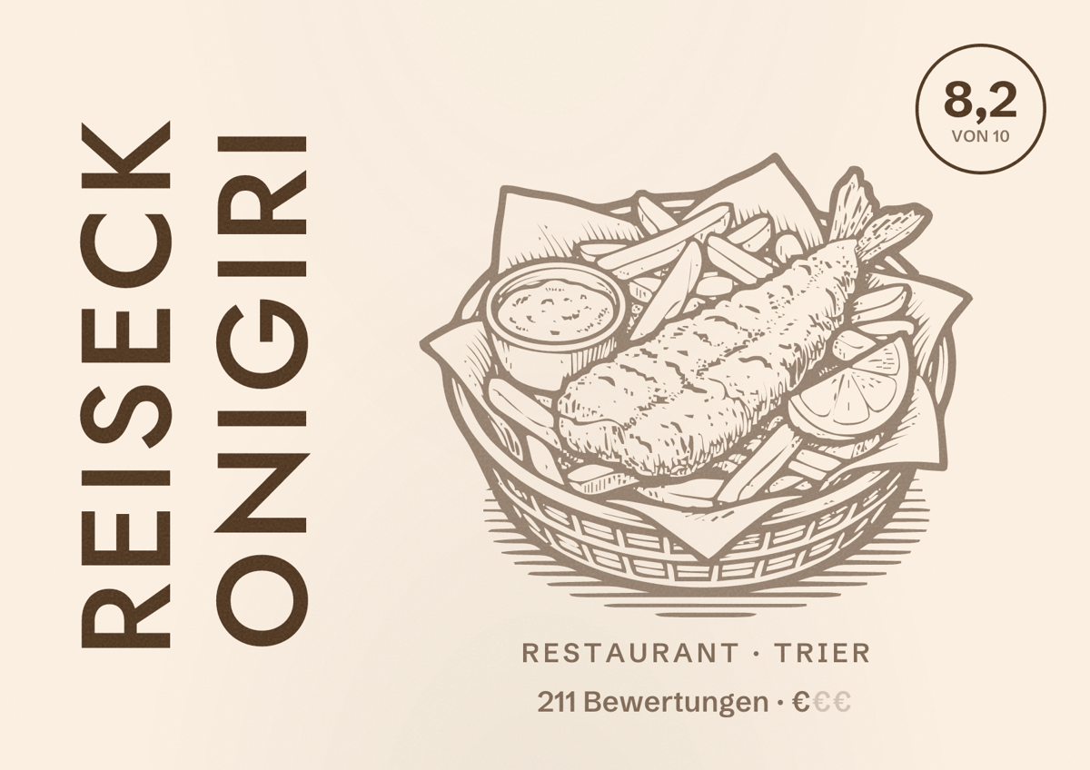 Illustriertes Poster von Reiseck Onigiri, Restaurant in Trier: Bewertung 8,2 von 10 aus 211 Bewertungen, Preisniveau €