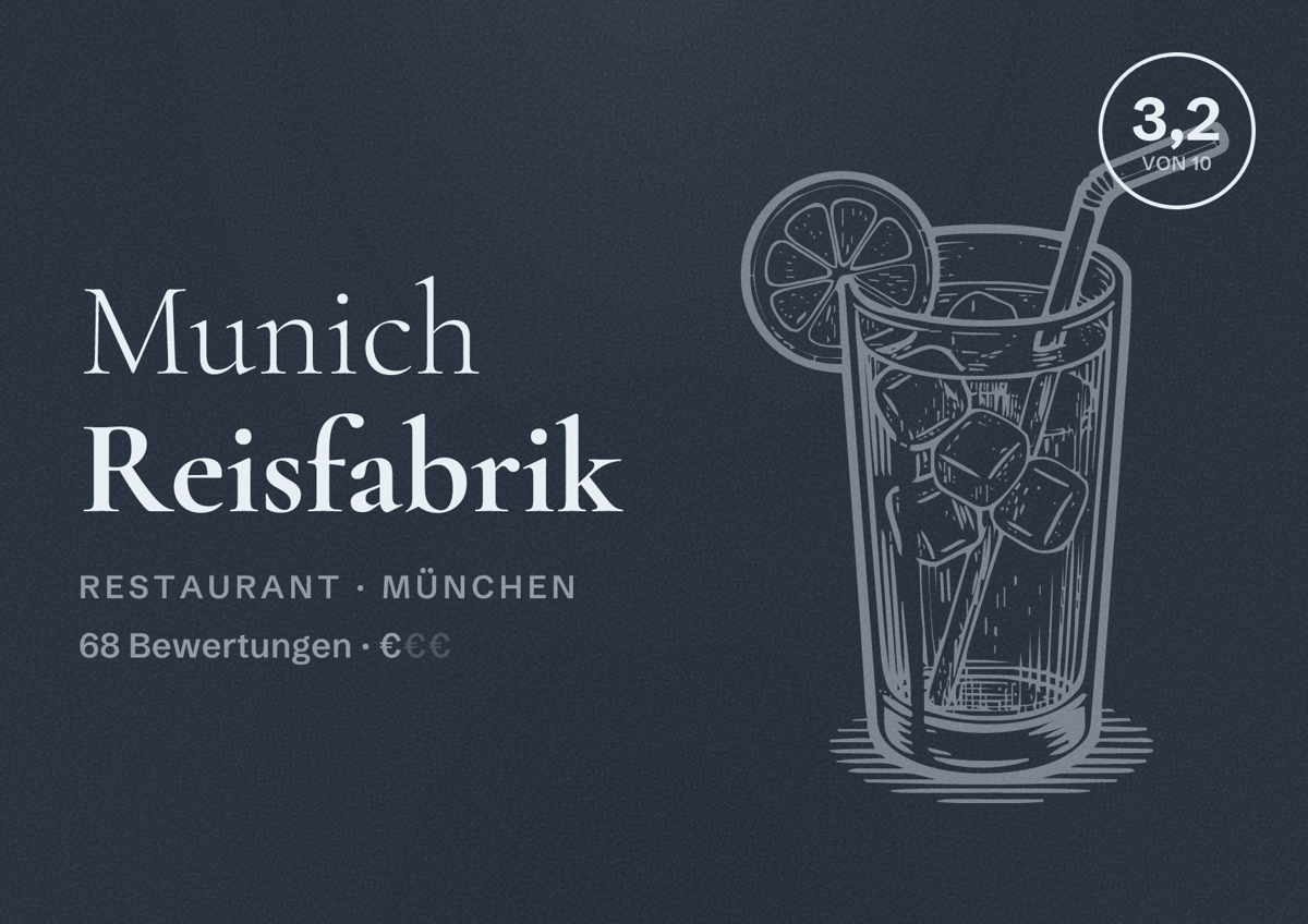 Illustriertes Poster von Munich Reisfabrik, Restaurant in München: Bewertung 3,2 von 10 aus 68 Bewertungen, Preisniveau €