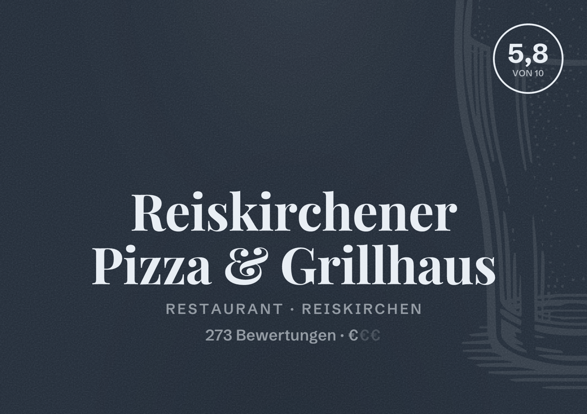 Illustriertes Poster von Reiskirchener Pizza & Grillhaus, Restaurant in Reiskirchen: Bewertung 5,8 von 10 aus 273 Bewertungen, Preisniveau €