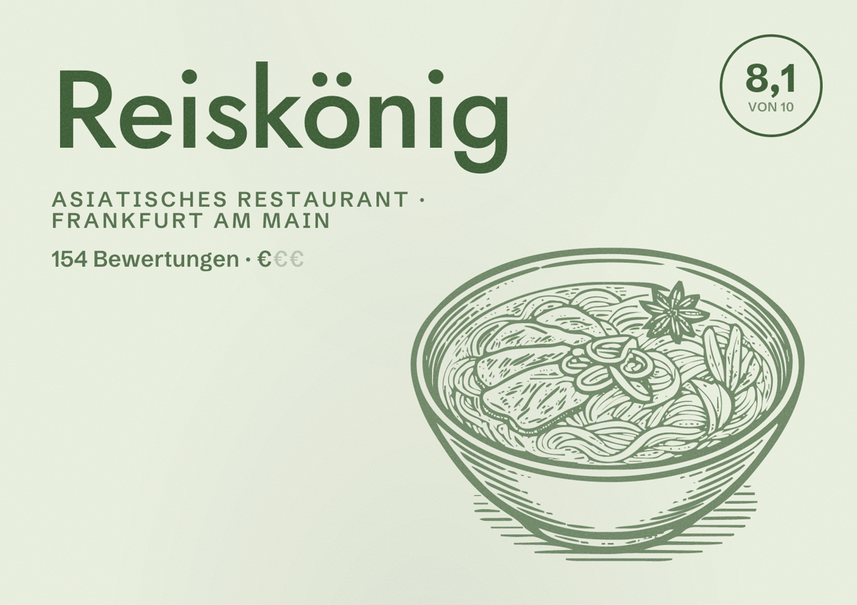 Illustriertes Poster von Reiskönig, Asiatisches Restaurant in Frankfurt am Main: Bewertung 8,1 von 10 aus 154 Bewertungen, Preisniveau €