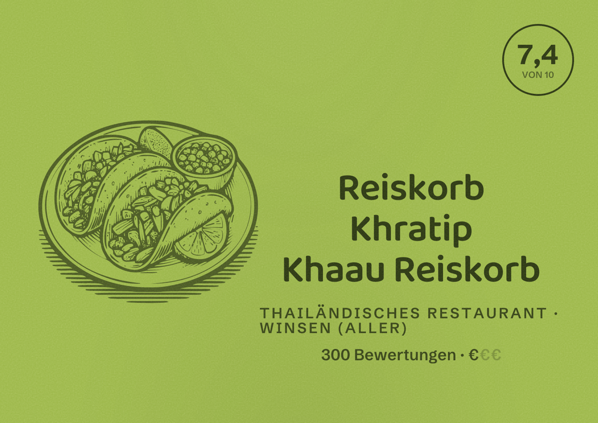 Illustriertes Poster von Reiskorb Khratip Khaau Reiskorb, Thailändisches Restaurant in Winsen (Aller): Bewertung 7,4 von 10 aus 300 Bewertungen, Preisniveau €