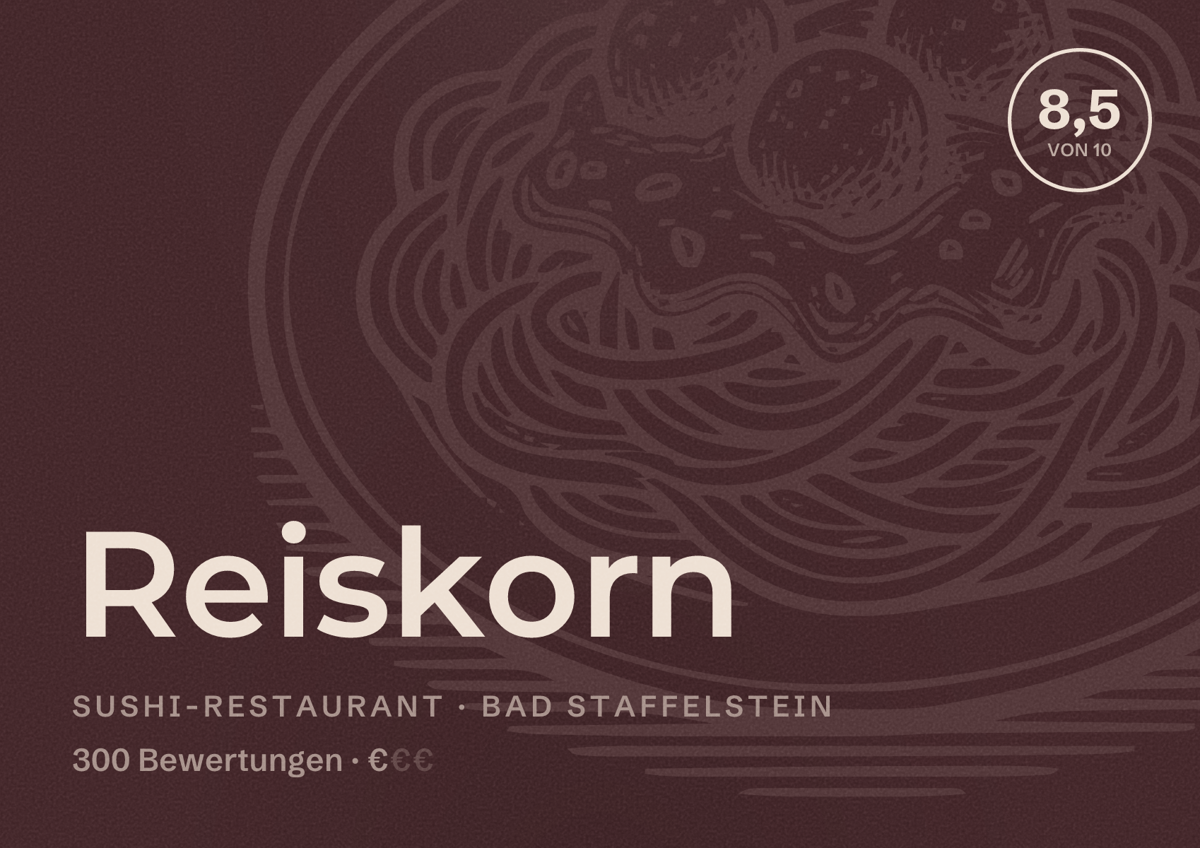 Illustriertes Poster von Reiskorn, Sushi-Restaurant in Bad Staffelstein: Bewertung 8,5 von 10 aus 300 Bewertungen, Preisniveau €