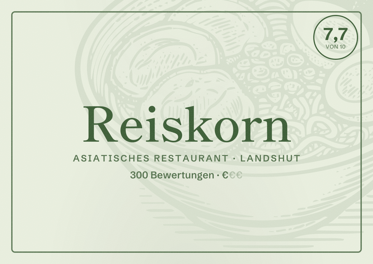 Illustriertes Poster von Reiskorn, Asiatisches Restaurant in Landshut: Bewertung 7,7 von 10 aus 300 Bewertungen, Preisniveau €