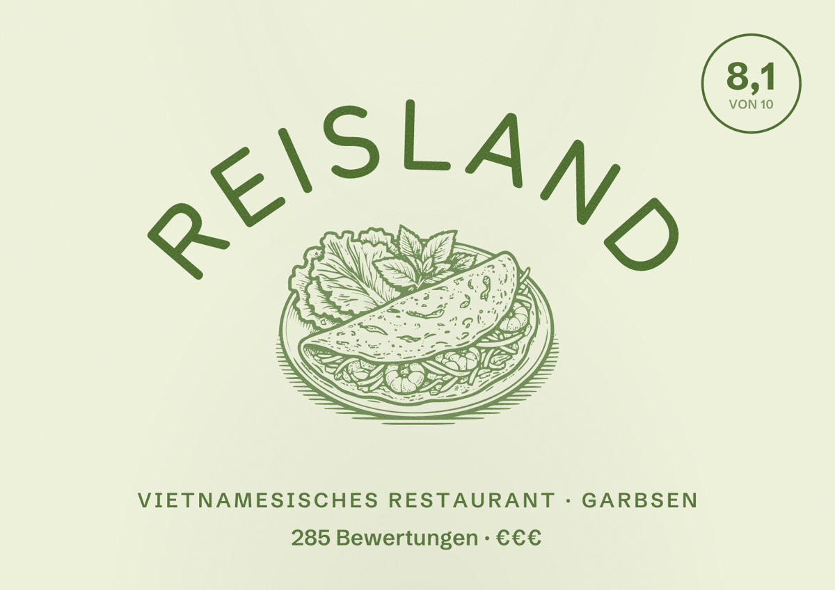 Illustriertes Poster von Reisland, Vietnamesisches Restaurant in Garbsen: Bewertung 8,1 von 10 aus 285 Bewertungen, Preisniveau €€€