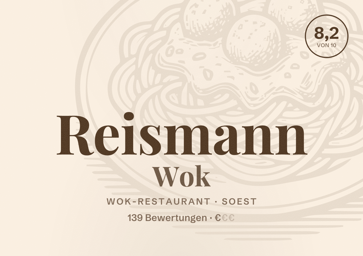 Illustriertes Poster von Reismann Wok, Wok-Restaurant in Soest: Bewertung 8,2 von 10 aus 139 Bewertungen, Preisniveau €