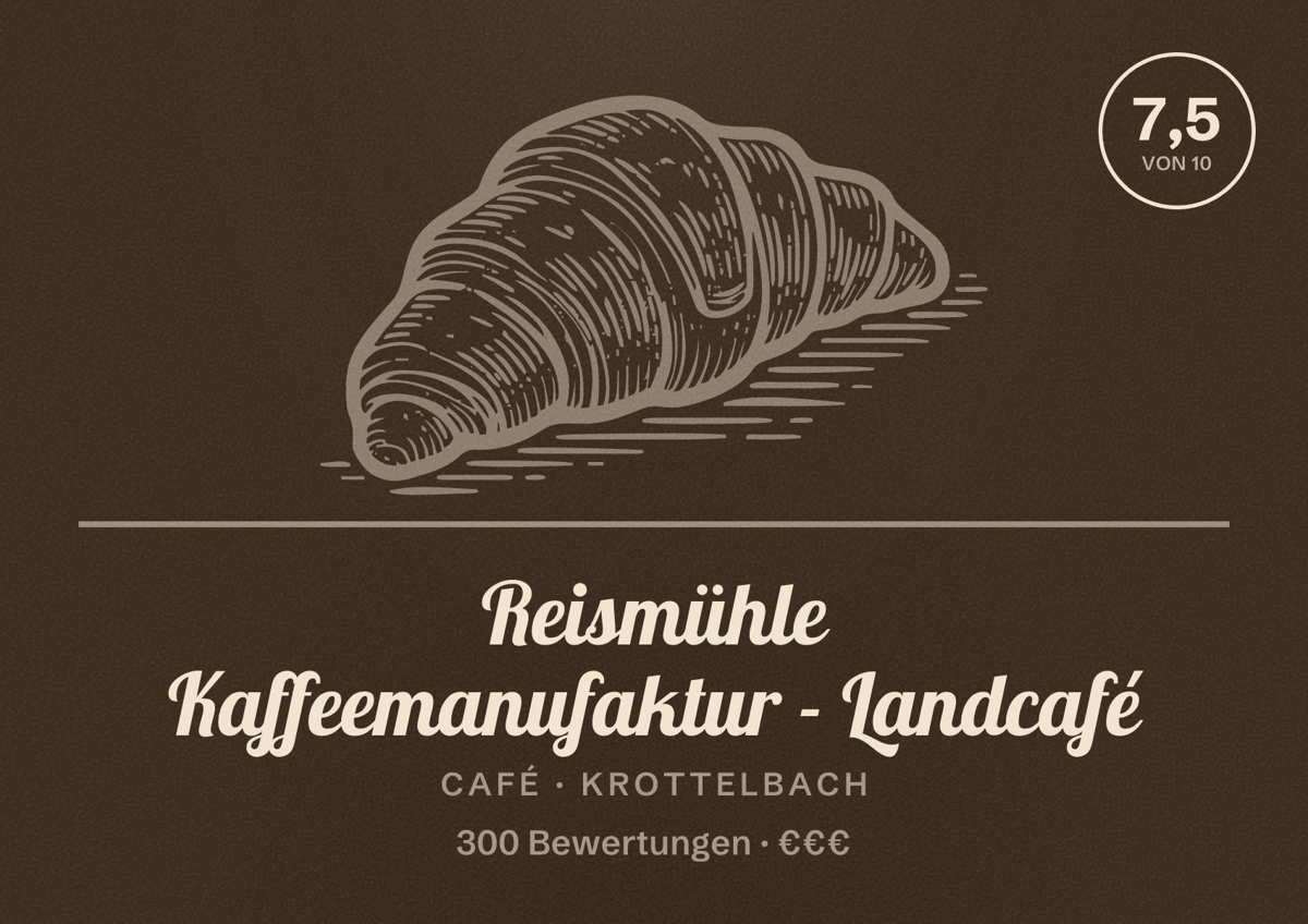 Illustriertes Poster von Reismühle Kaffeemanufaktur - Landcafé, Café in Krottelbach: Bewertung 7,5 von 10 aus 300 Bewertungen, Preisniveau €€€