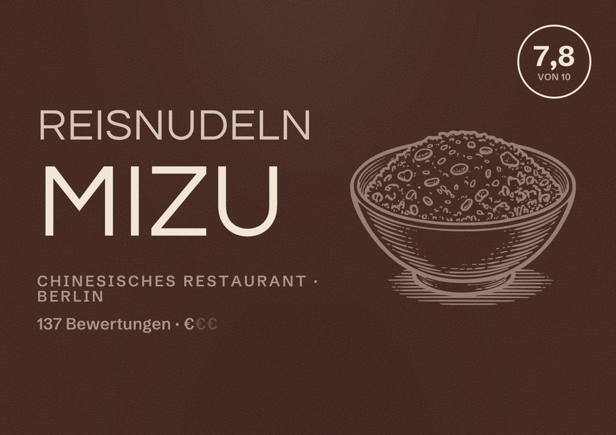 Illustriertes Poster von Reisnudeln Mizu, Chinesisches Restaurant in Berlin: Bewertung 7,8 von 10 aus 137 Bewertungen, Preisniveau €
