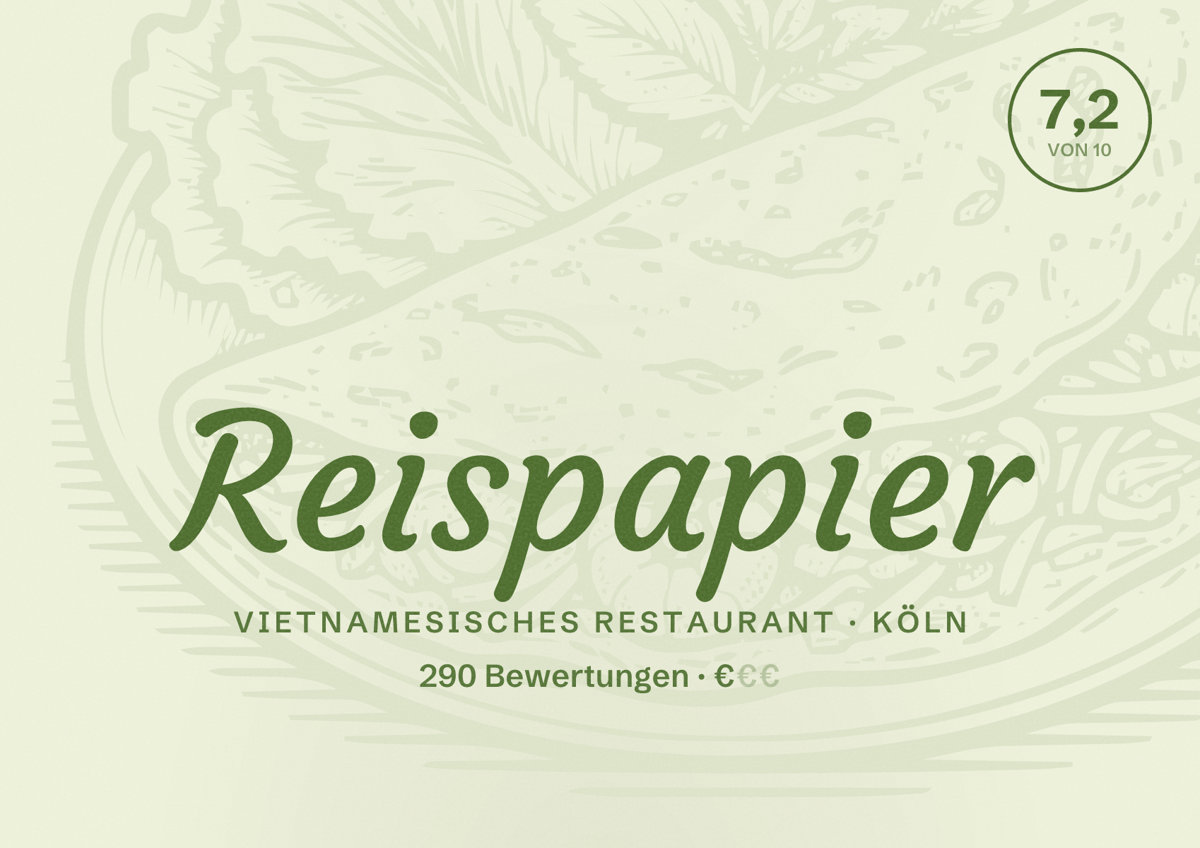Illustriertes Poster von Reispapier, Vietnamesisches Restaurant in Köln: Bewertung 7,2 von 10 aus 290 Bewertungen, Preisniveau €