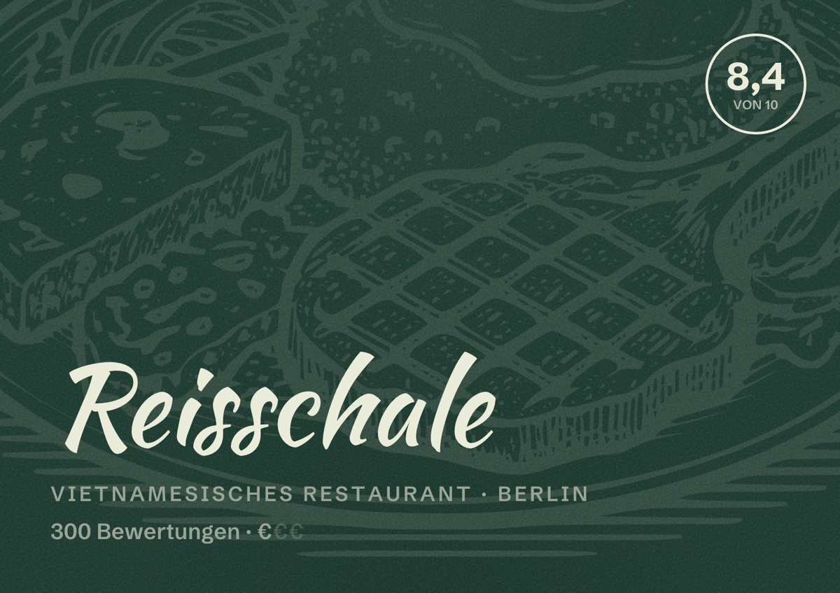 Illustriertes Poster von Reisschale, Vietnamesisches Restaurant in Berlin: Bewertung 8,4 von 10 aus 300 Bewertungen, Preisniveau €