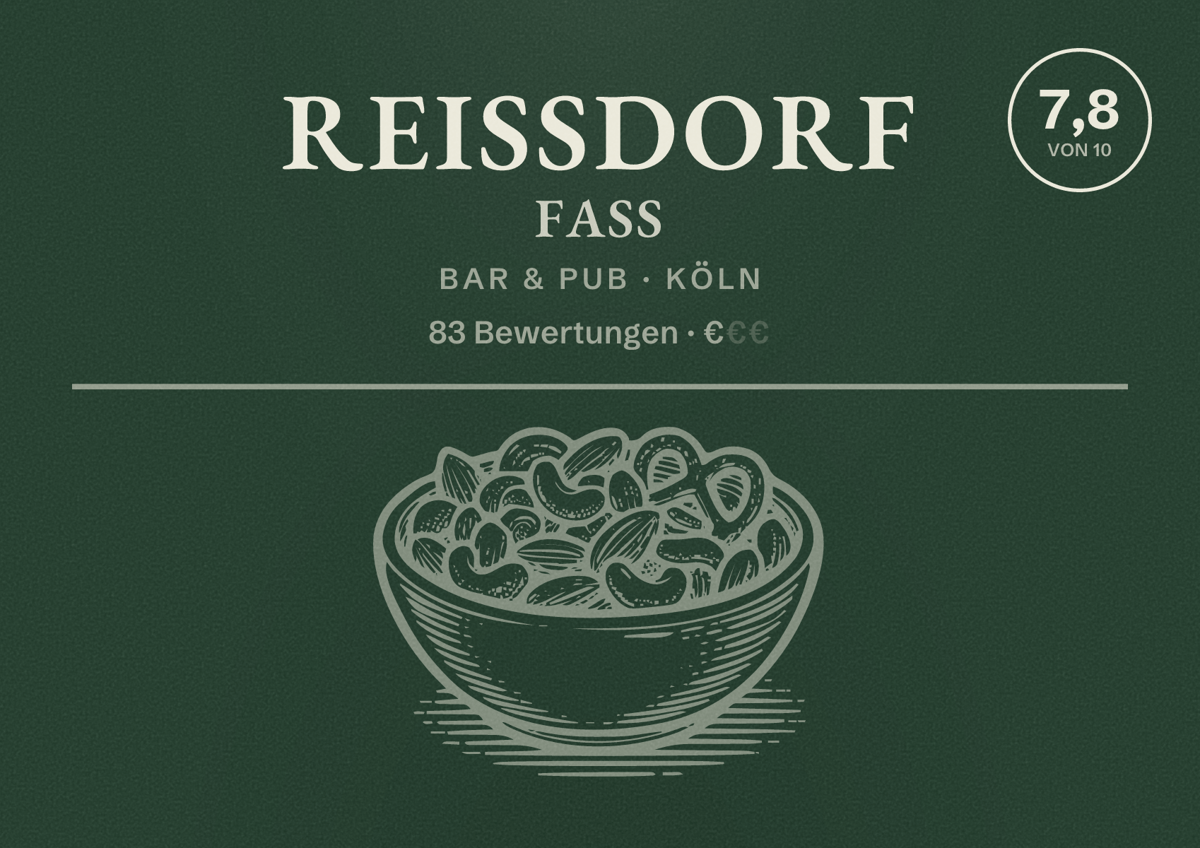 Illustriertes Poster von Reissdorf Faß, Bar & Pub in Köln: Bewertung 7,8 von 10 aus 83 Bewertungen, Preisniveau €