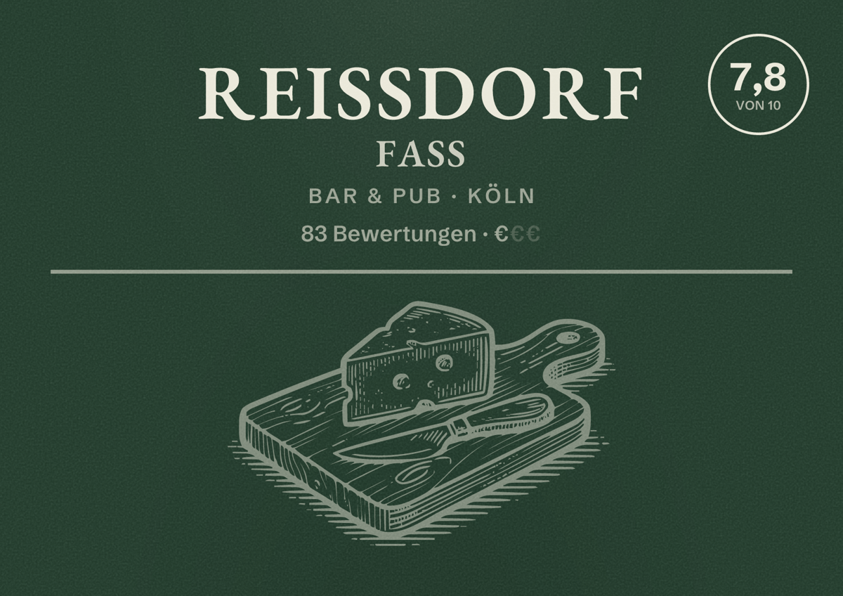 Illustriertes Poster von Reissdorf Faß, Bar & Pub in Köln: Bewertung 7,8 von 10 aus 83 Bewertungen, Preisniveau €