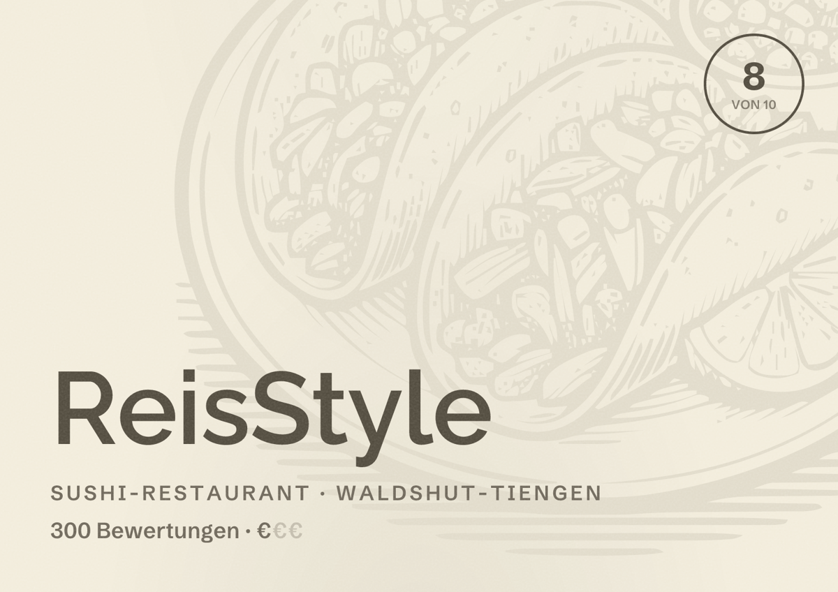 Illustriertes Poster von ReisStyle, Sushi-Restaurant in Waldshut-Tiengen: Bewertung 8 von 10 aus 300 Bewertungen, Preisniveau €