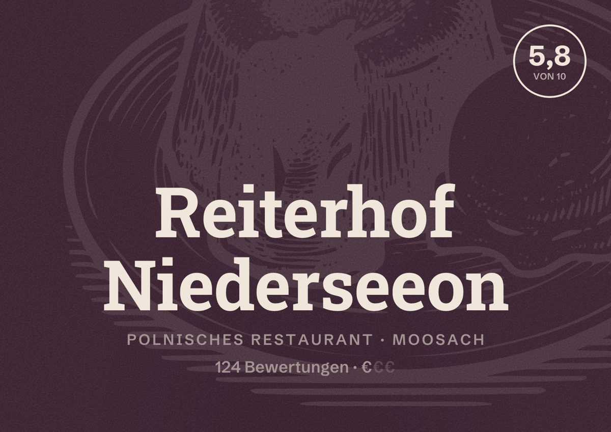 Illustriertes Poster von Reiterhof Niederseeon, Polnisches Restaurant in Moosach: Bewertung 5,8 von 10 aus 124 Bewertungen, Preisniveau €