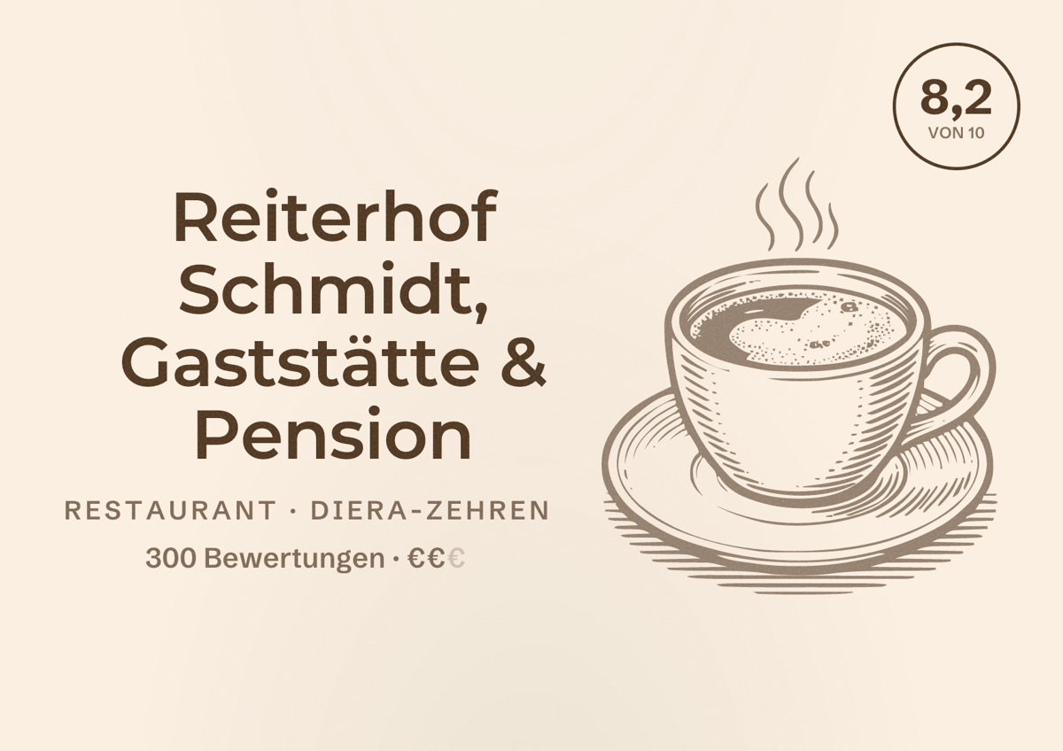 Illustriertes Poster von Reiterhof Schmidt, Gaststätte & Pension, Restaurant in Diera-Zehren: Bewertung 8,2 von 10 aus 300 Bewertungen, Preisniveau €€