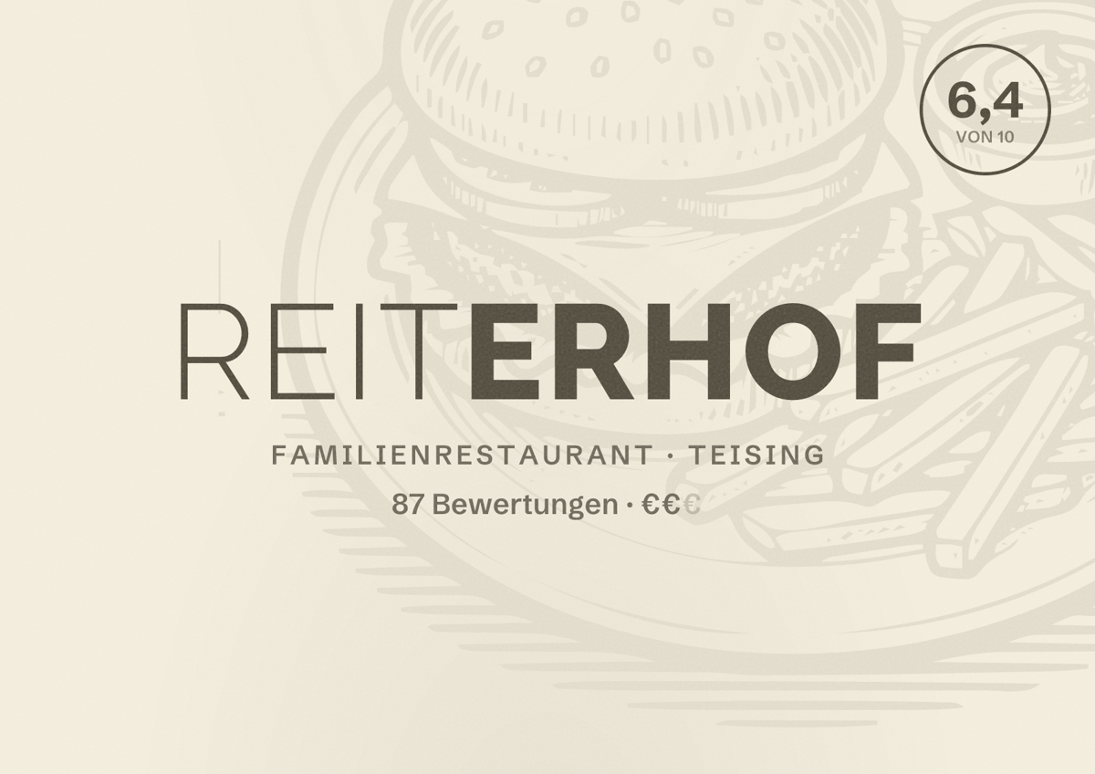 Illustriertes Poster von Reiterhof, Familienrestaurant in Teising: Bewertung 6,4 von 10 aus 87 Bewertungen, Preisniveau €€