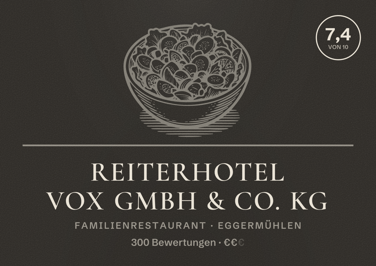Illustriertes Poster von Reiterhotel Vox GmbH & Co. KG, Familienrestaurant in Eggermühlen: Bewertung 7,4 von 10 aus 300 Bewertungen, Preisniveau €€