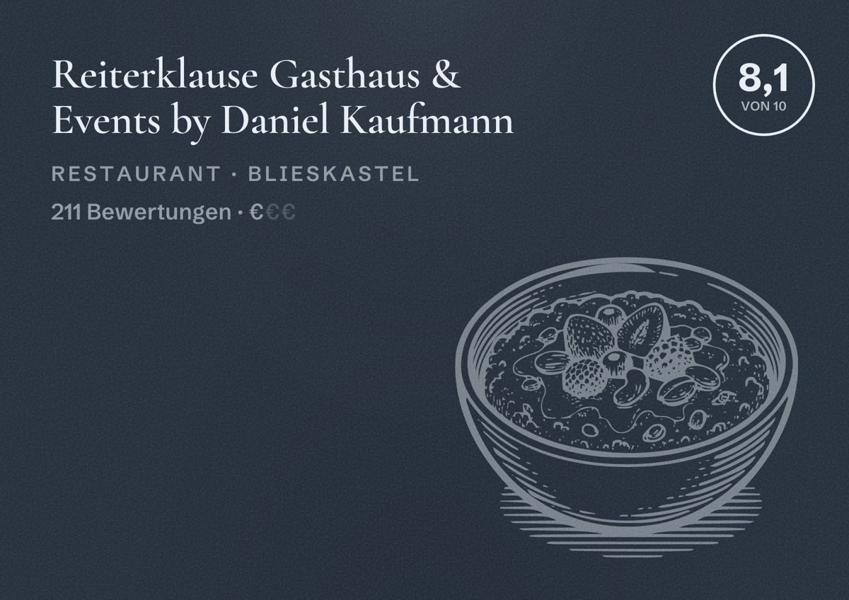 Illustriertes Poster von Reiterklause Gasthaus & Events by Daniel Kaufmann, Restaurant in Blieskastel: Bewertung 8,1 von 10 aus 211 Bewertungen, Preisniveau €