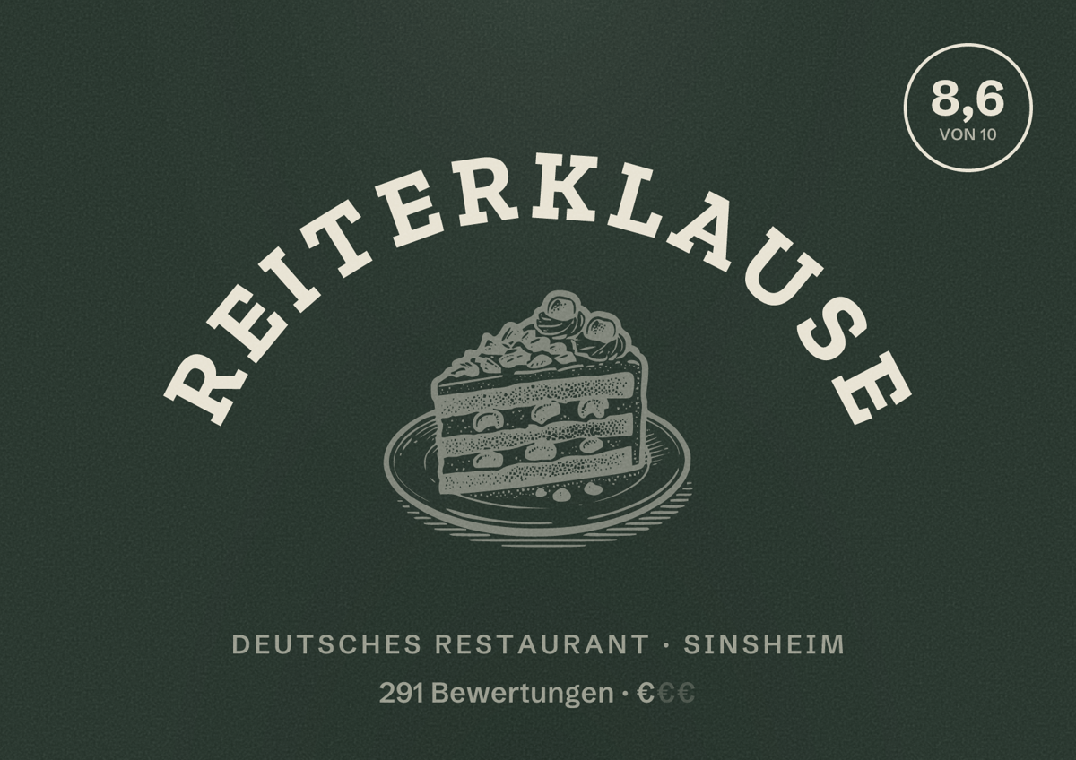 Illustriertes Poster von Reiterklause, Deutsches Restaurant in Sinsheim: Bewertung 8,6 von 10 aus 291 Bewertungen, Preisniveau €