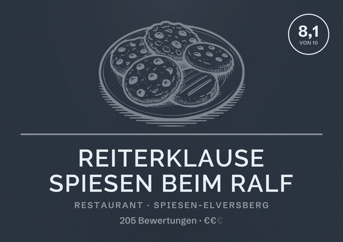Illustriertes Poster von Reiterklause Spiesen beim Ralf, Restaurant in Spiesen-Elversberg: Bewertung 8,1 von 10 aus 205 Bewertungen, Preisniveau €€