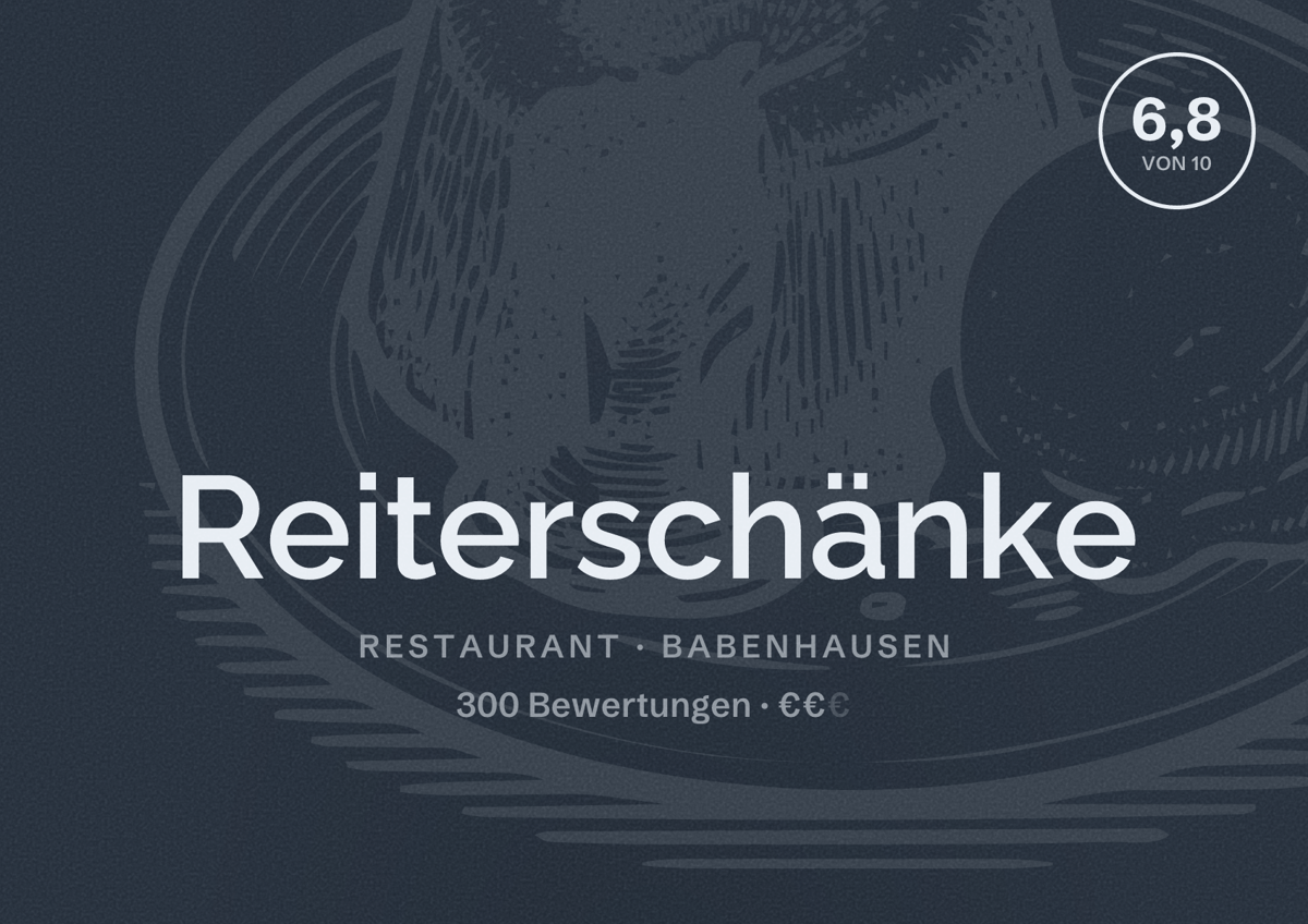 Illustriertes Poster von Reiterschänke, Restaurant in Babenhausen: Bewertung 6,8 von 10 aus 300 Bewertungen, Preisniveau €€