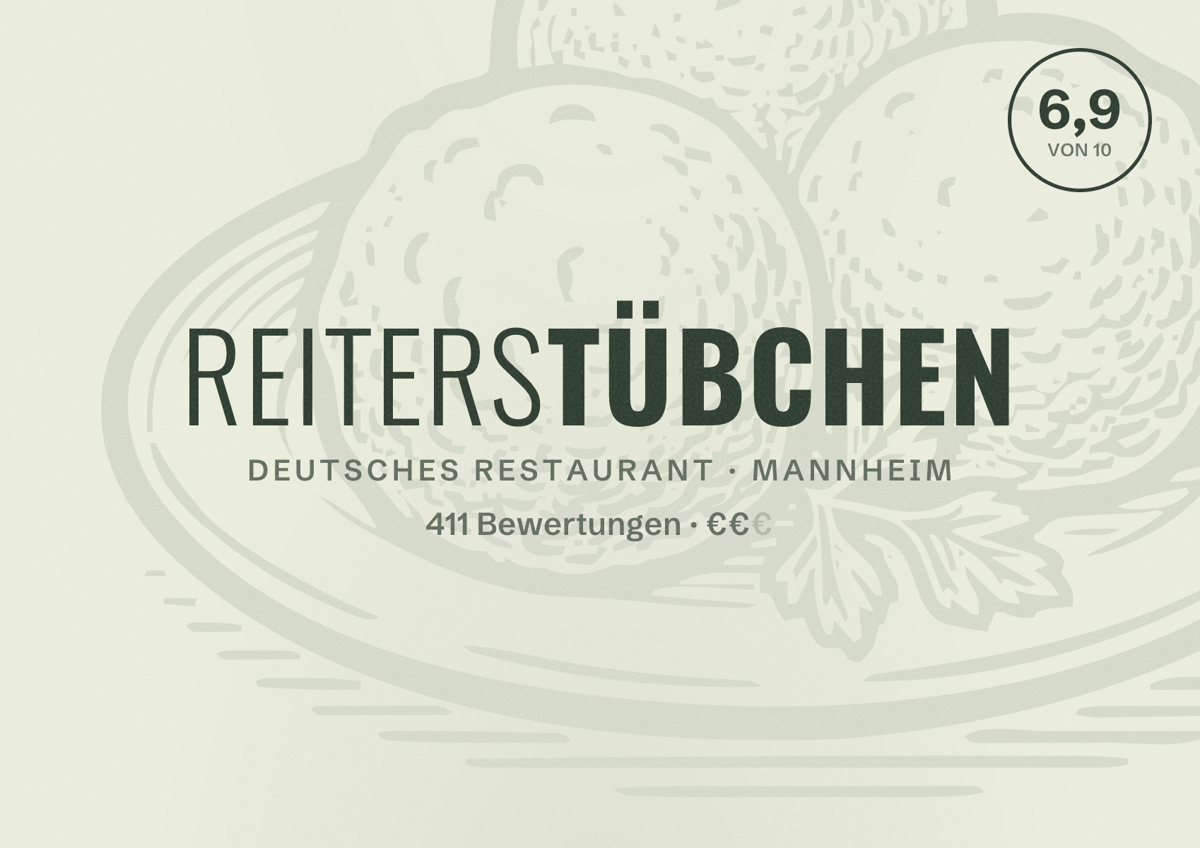 Illustriertes Poster von Reiterstübchen, Deutsches Restaurant in Mannheim: Bewertung 6,9 von 10 aus 411 Bewertungen, Preisniveau €€