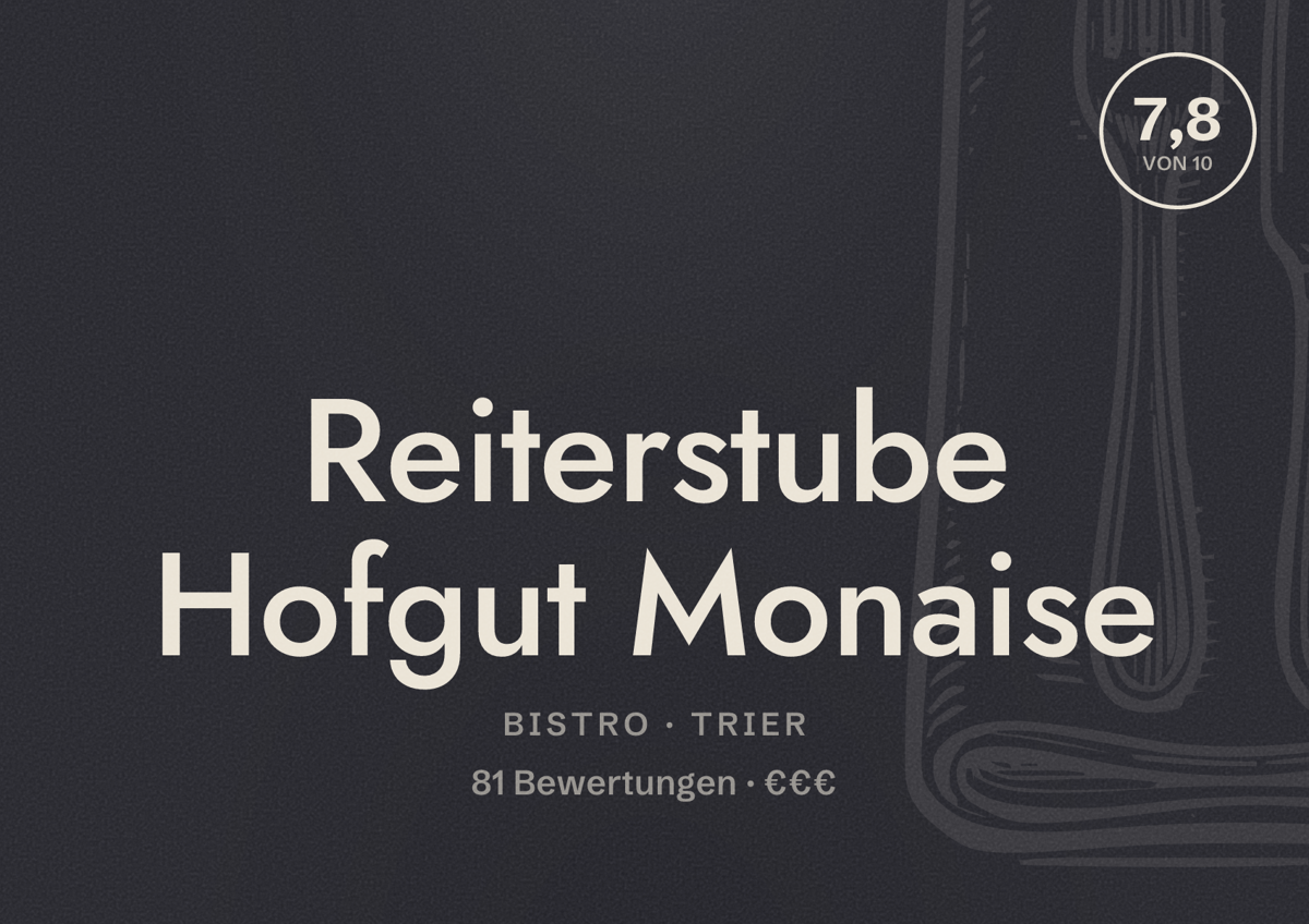 Illustriertes Poster von Reiterstube Hofgut Monaise, Bistro in Trier: Bewertung 7,8 von 10 aus 81 Bewertungen, Preisniveau €€€