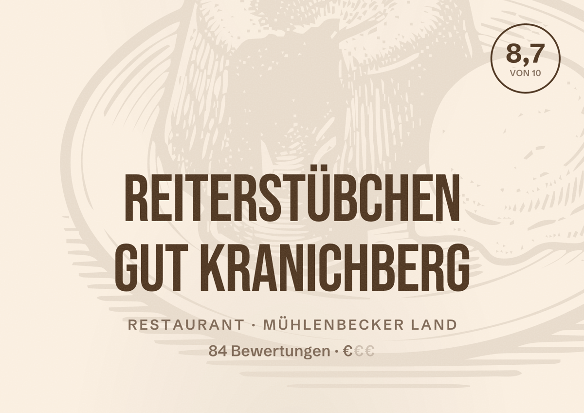 Illustriertes Poster von Reiterstübchen Gut Kranichberg, Restaurant in Mühlenbecker Land: Bewertung 8,7 von 10 aus 84 Bewertungen, Preisniveau €