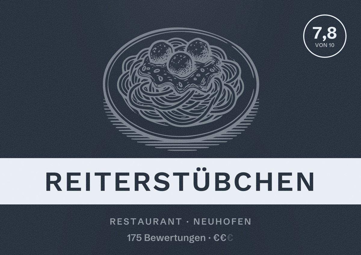 Illustriertes Poster von Reiterstübchen, Restaurant in Neuhofen: Bewertung 7,8 von 10 aus 175 Bewertungen, Preisniveau €€