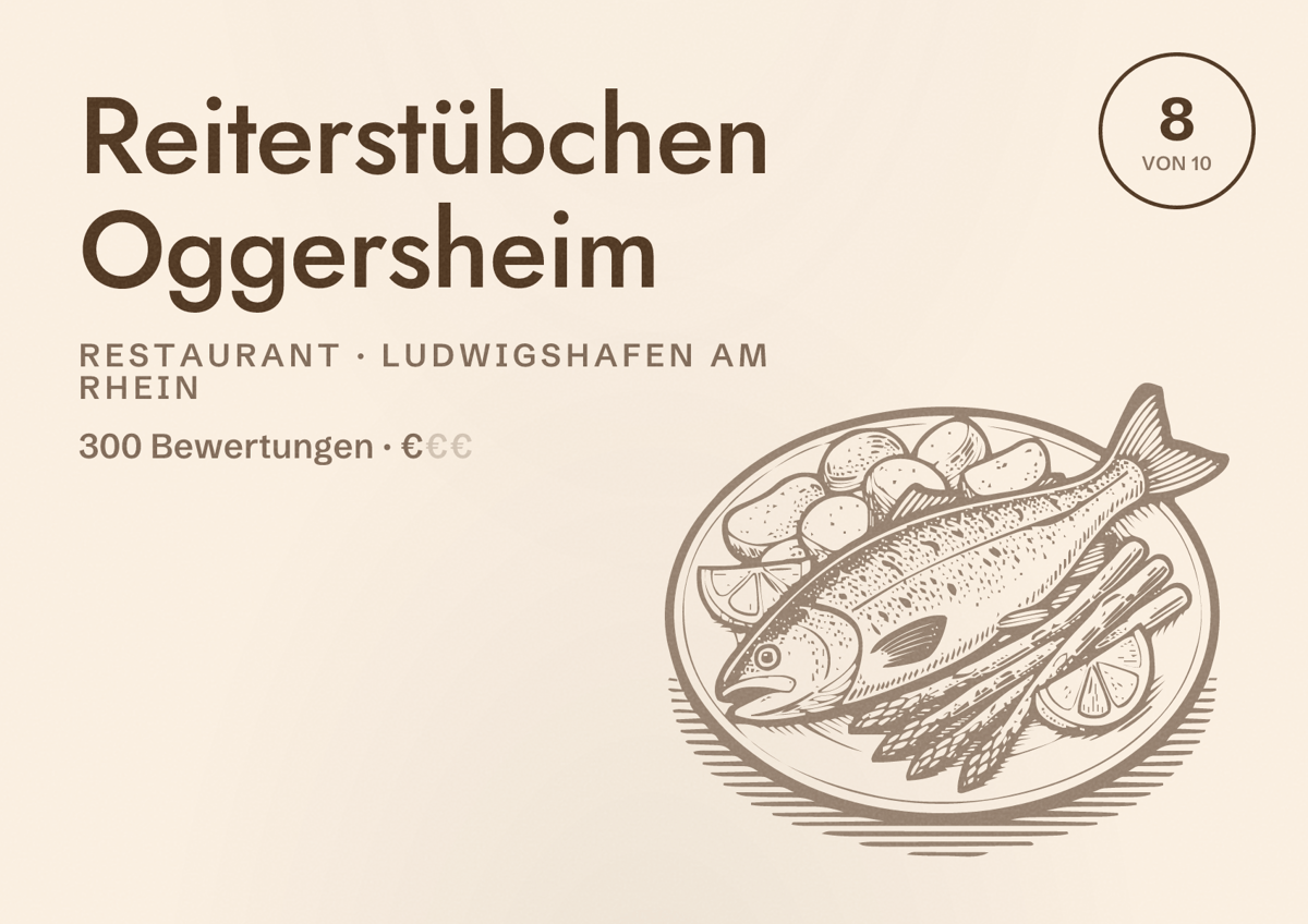 Illustriertes Poster von Reiterstübchen Oggersheim, Restaurant in Ludwigshafen am Rhein: Bewertung 8 von 10 aus 300 Bewertungen, Preisniveau €
