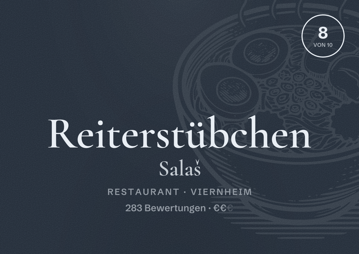 Illustriertes Poster von Reiterstübchen Salaš, Restaurant in Viernheim: Bewertung 8 von 10 aus 283 Bewertungen, Preisniveau €€