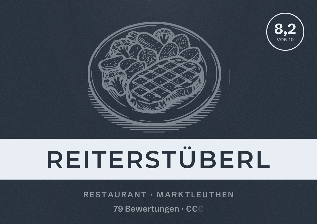 Illustriertes Poster von Reiterstüberl, Restaurant in Marktleuthen: Bewertung 8,2 von 10 aus 79 Bewertungen, Preisniveau €€