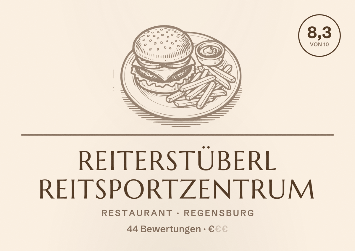 Illustriertes Poster von Reiterstüberl Reitsportzentrum, Restaurant in Regensburg: Bewertung 8,3 von 10 aus 44 Bewertungen, Preisniveau €