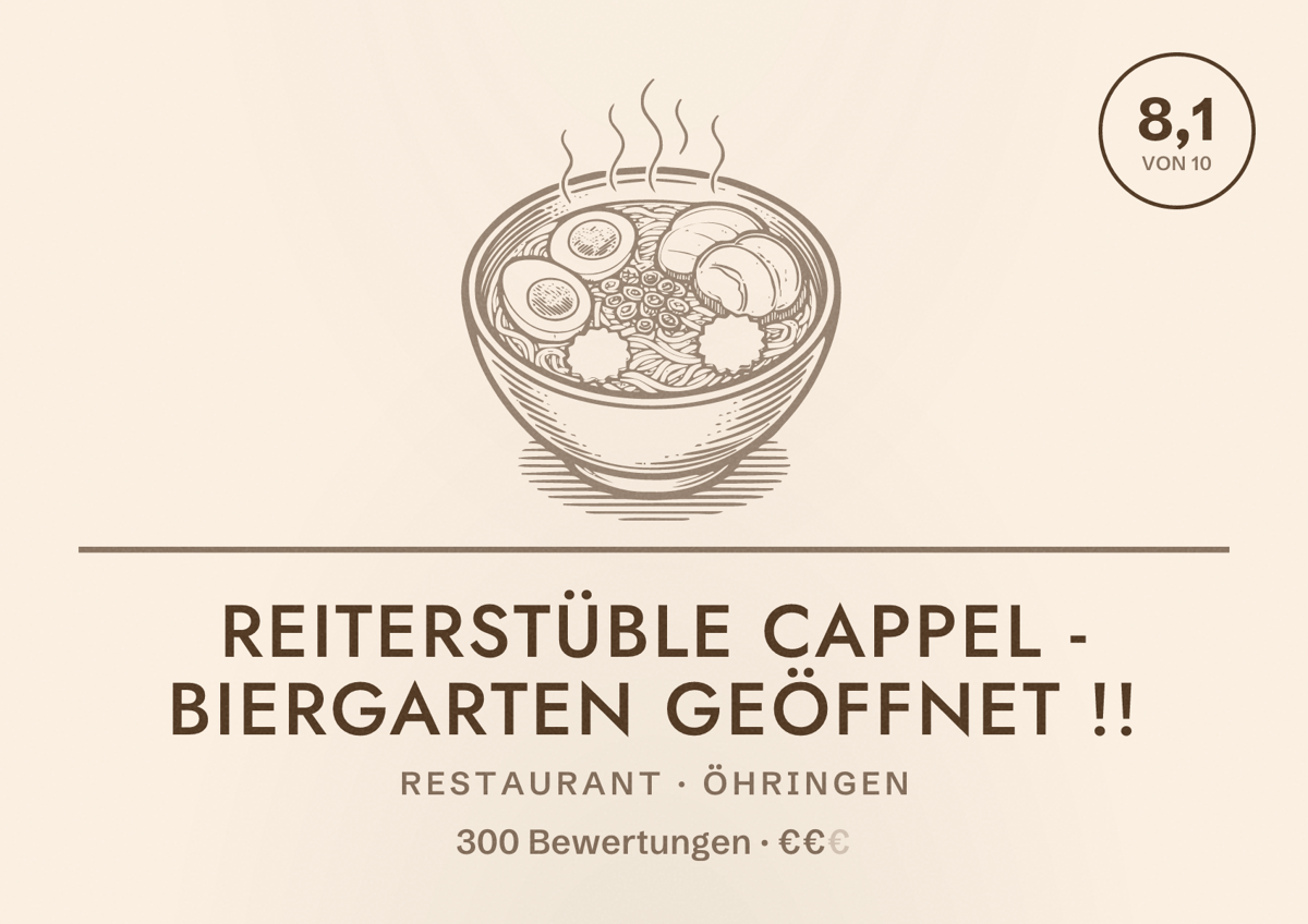 Illustriertes Poster von Reiterstüble Cappel - Biergarten geöffnet !!, Restaurant in Öhringen: Bewertung 8,1 von 10 aus 300 Bewertungen, Preisniveau €€
