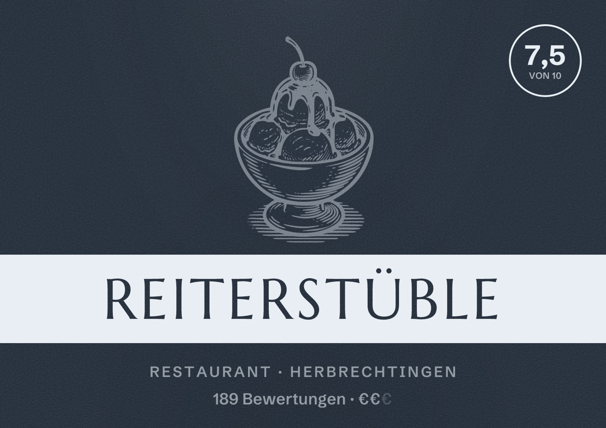 Illustriertes Poster von Reiterstüble, Restaurant in Herbrechtingen: Bewertung 7,5 von 10 aus 189 Bewertungen, Preisniveau €€