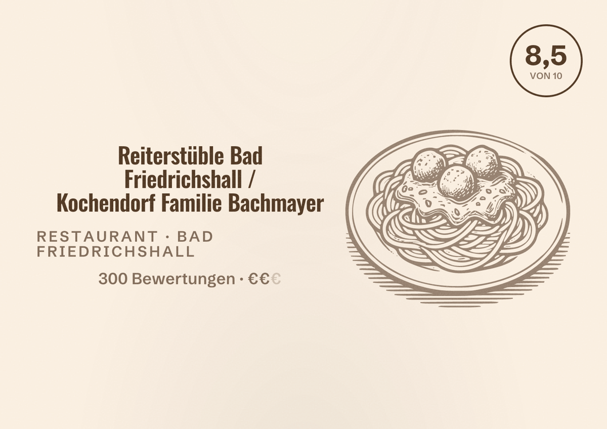 Illustriertes Poster von Reiterstüble Bad Friedrichshall / Kochendorf Familie Bachmayer, Restaurant in Bad Friedrichshall: Bewertung 8,5 von 10 aus 300 Bewertungen, Preisniveau €€