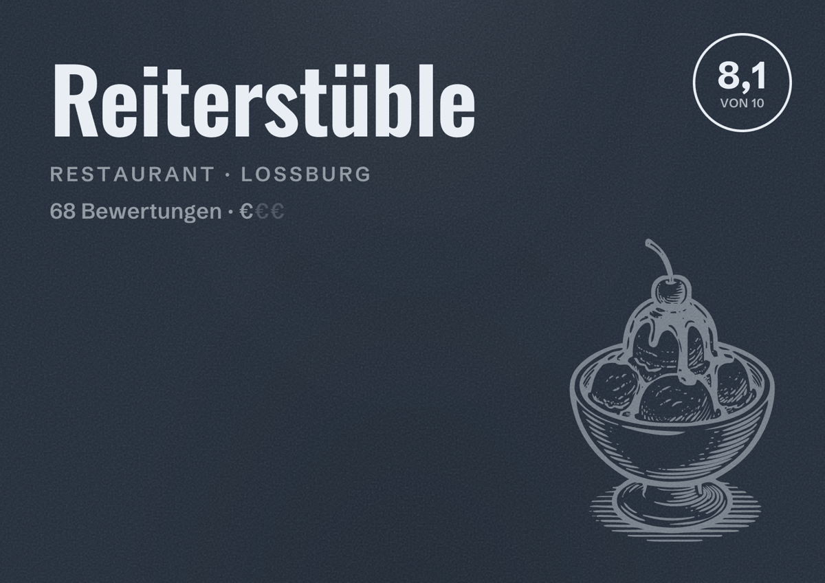 Illustriertes Poster von Reiterstüble, Restaurant in Loßburg: Bewertung 8,1 von 10 aus 68 Bewertungen, Preisniveau €