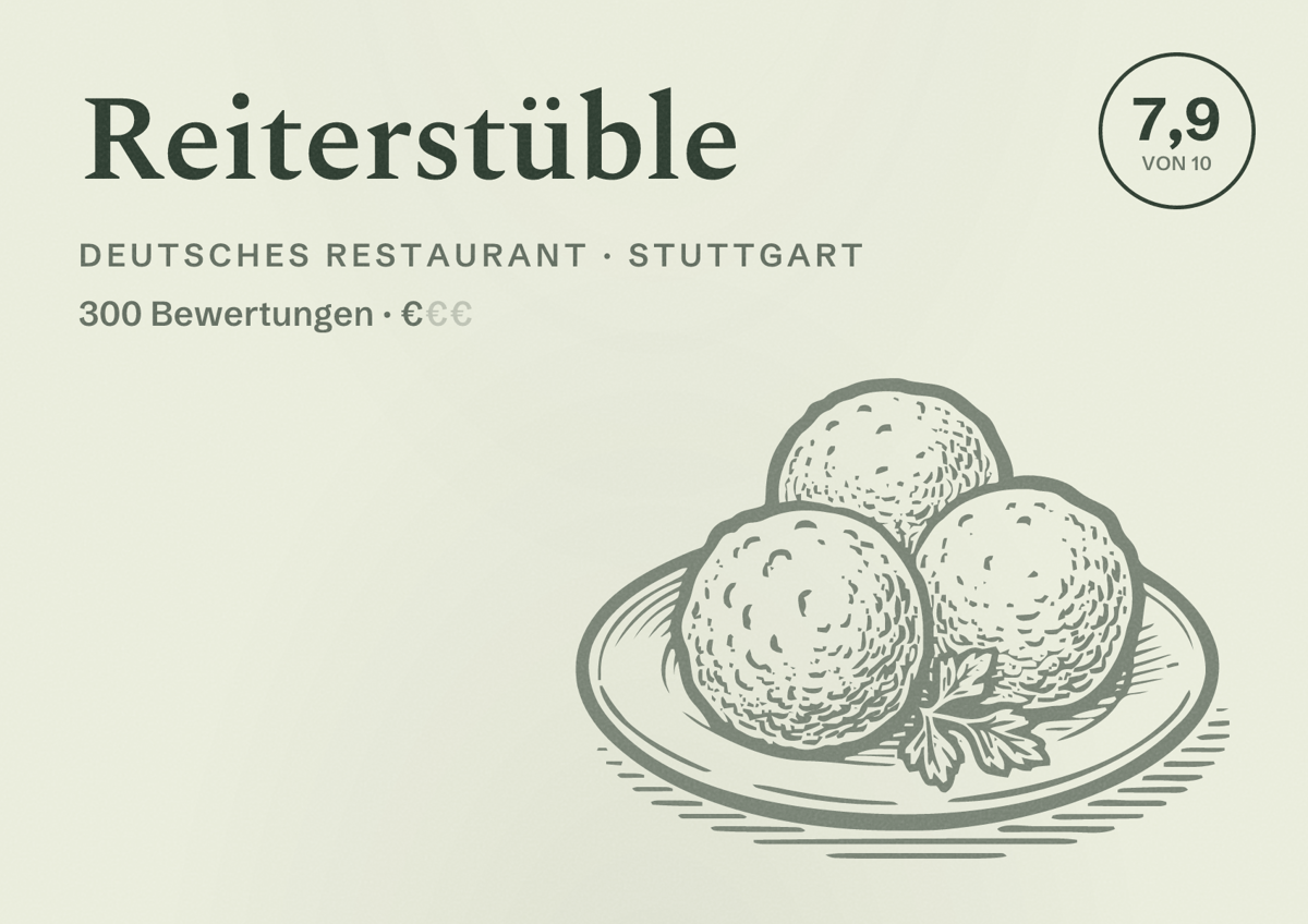 Illustriertes Poster von Reiterstüble, Deutsches Restaurant in Stuttgart: Bewertung 7,9 von 10 aus 300 Bewertungen, Preisniveau €