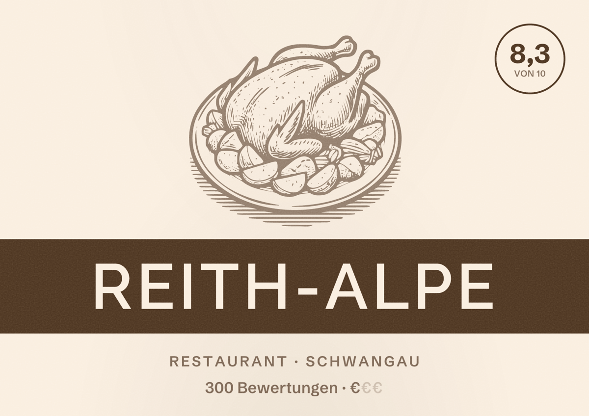 Illustriertes Poster von Reith-Alpe, Restaurant in Schwangau: Bewertung 8,3 von 10 aus 300 Bewertungen, Preisniveau €