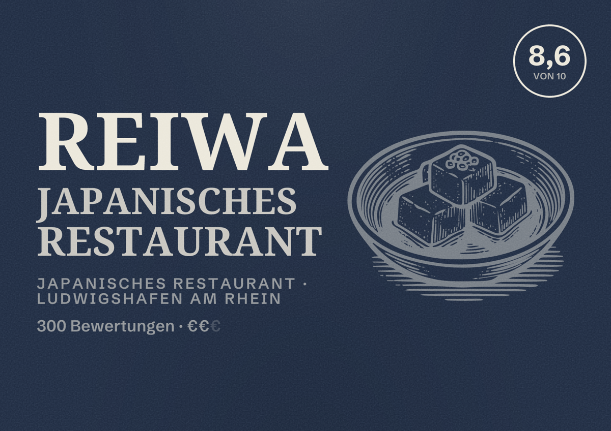 Illustriertes Poster von REIWA Japanisches Restaurant, Japanisches Restaurant in Ludwigshafen am Rhein: Bewertung 8,6 von 10 aus 300 Bewertungen, Preisniveau €€
