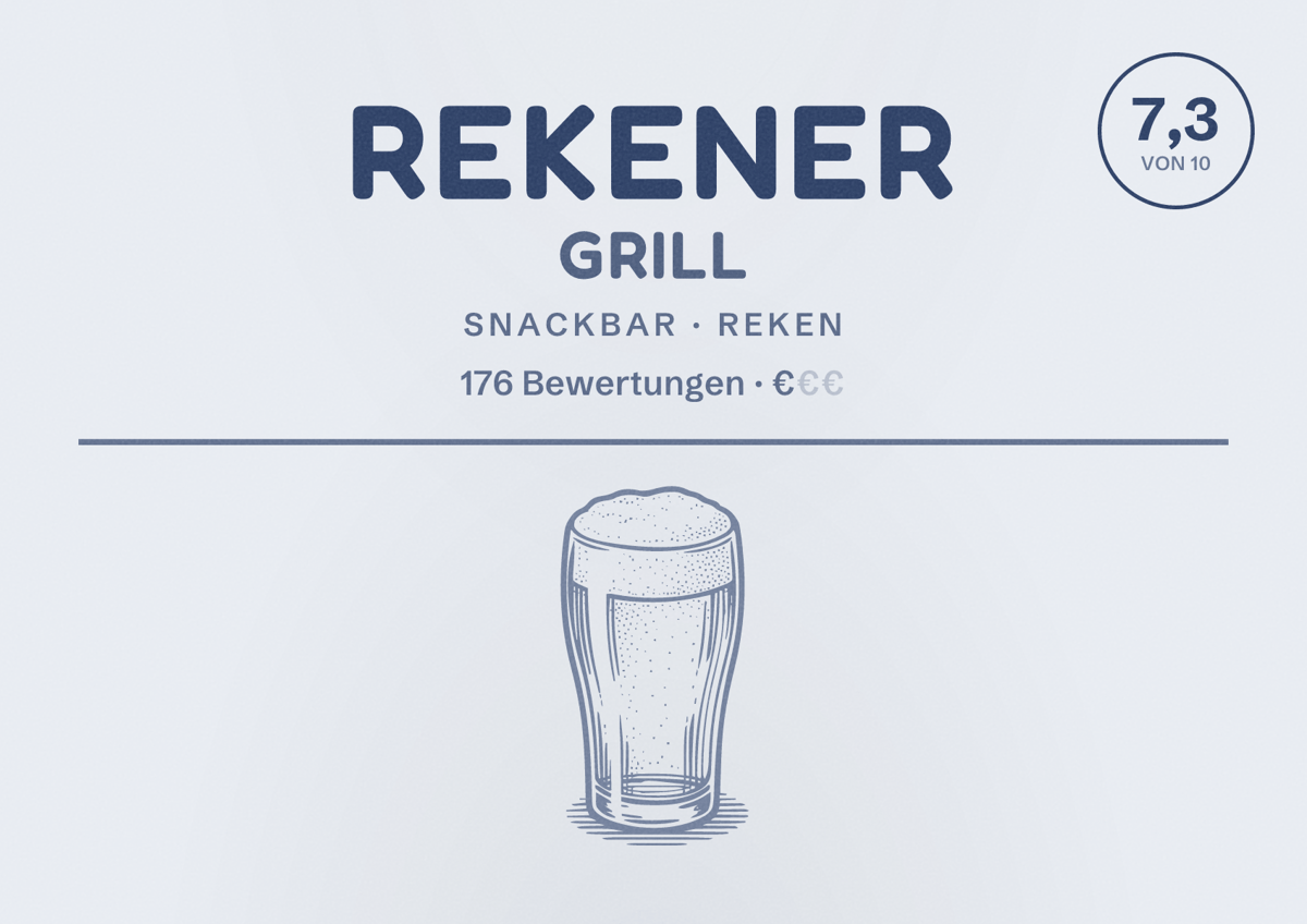 Illustriertes Poster von Rekener Grill, Snackbar in Reken: Bewertung 7,3 von 10 aus 176 Bewertungen, Preisniveau €