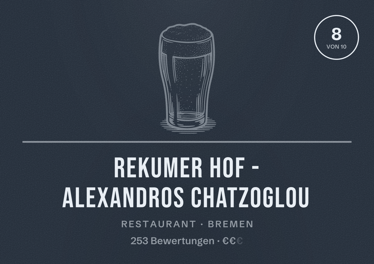 Illustriertes Poster von Rekumer Hof - Alexandros Chatzoglou, Restaurant in Bremen: Bewertung 8 von 10 aus 253 Bewertungen, Preisniveau €€