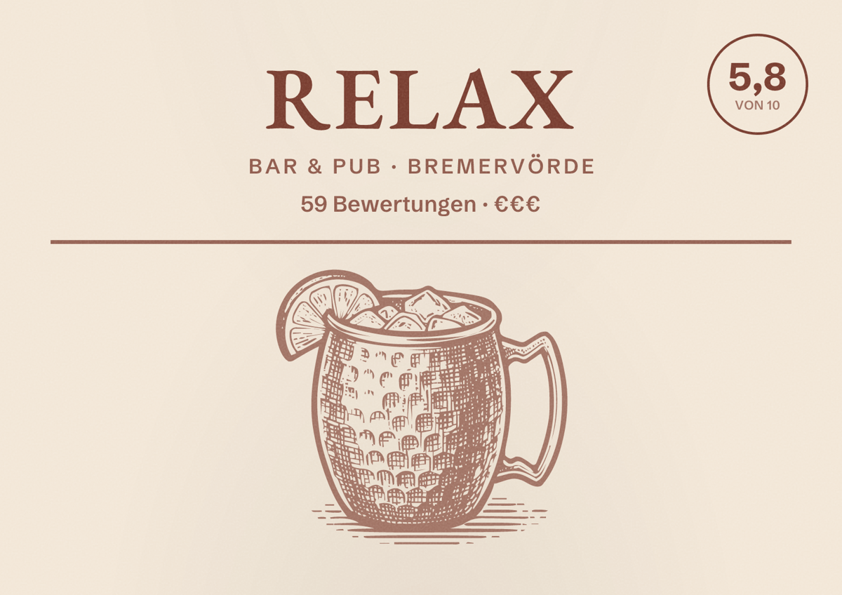 Illustriertes Poster von Relax, Bar & Pub in Bremervörde: Bewertung 5,8 von 10 aus 59 Bewertungen, Preisniveau €€€