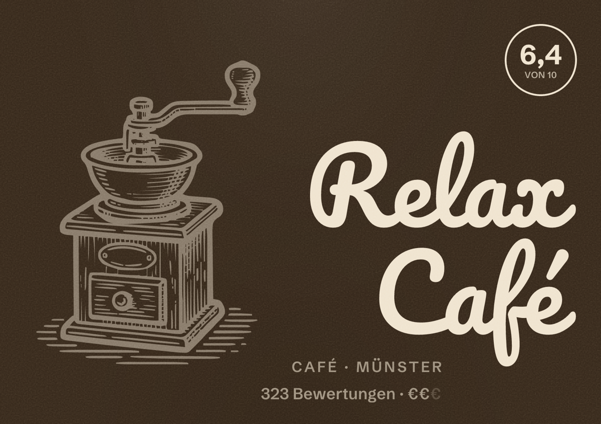 Illustriertes Poster von Relax Café, Café in Münster: Bewertung 6,4 von 10 aus 323 Bewertungen, Preisniveau €€