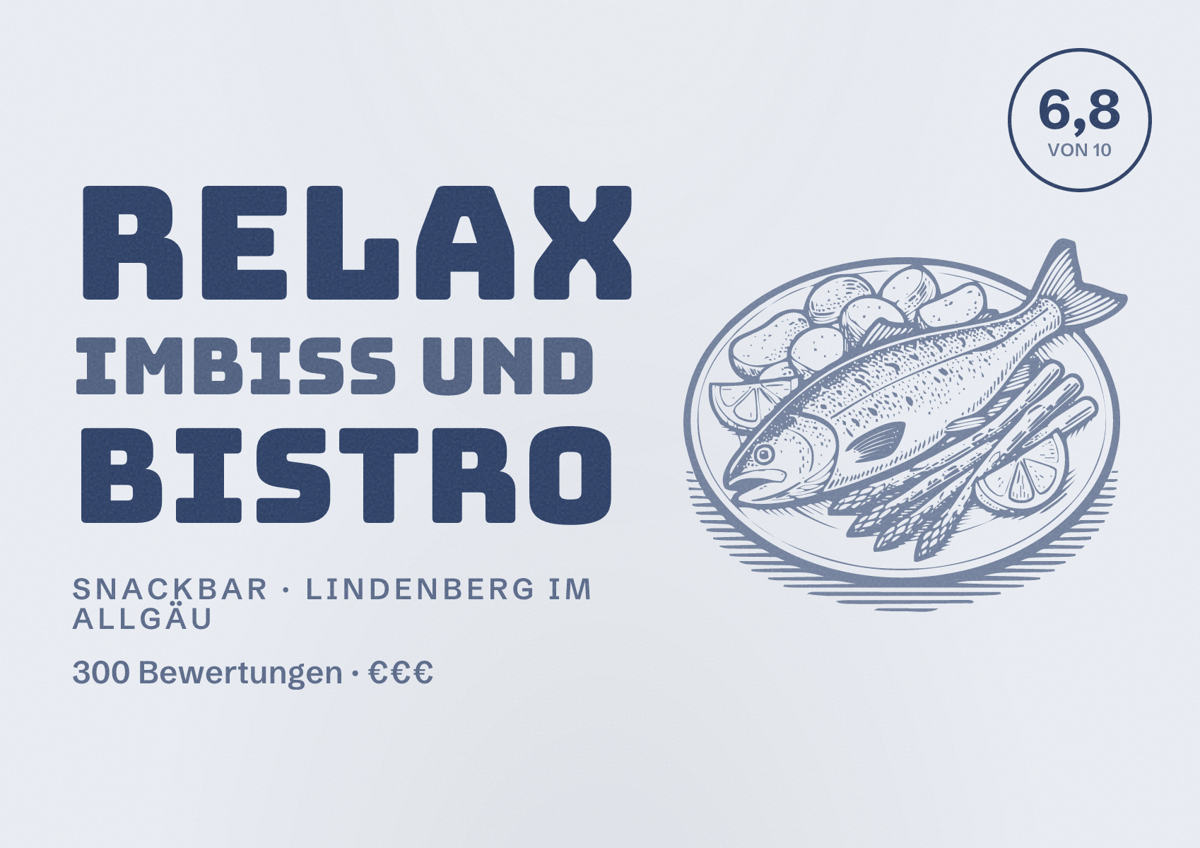 Illustriertes Poster von Relax Imbiss und Bistro, Snackbar in Lindenberg im Allgäu: Bewertung 6,8 von 10 aus 300 Bewertungen, Preisniveau €€€