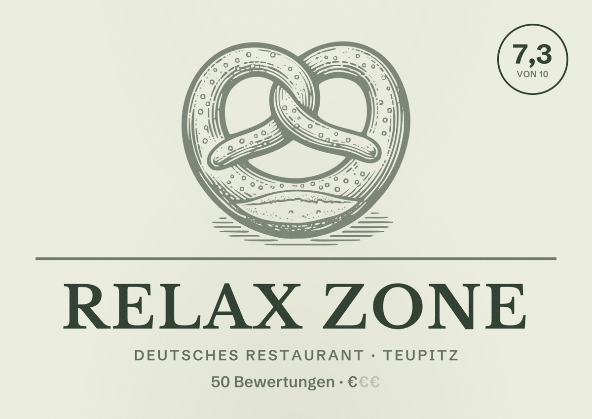 Illustriertes Poster von Relax Zone, Deutsches Restaurant in Teupitz: Bewertung 7,3 von 10 aus 50 Bewertungen, Preisniveau €
